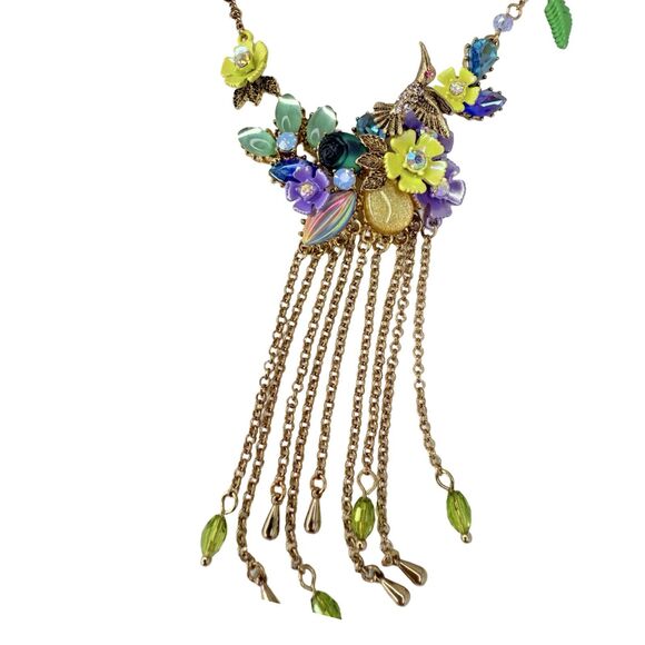 Betsey Johnson Hummingbird Flower Statement Necklace 29"  Tassel Spring Ahead - Picture 3 of 14